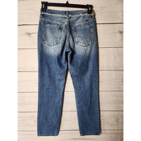 Kancan Womens Tapered Jeans Blue Distressed Pockets Whiskered Mid Rise Juniors 1 - Picture 2 of 7